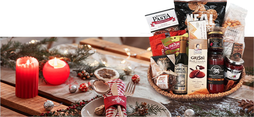 Vincenzo's gift basket on a festive table.